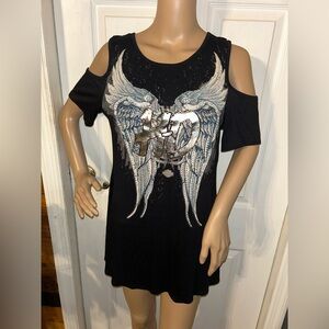 Harley-Davidson Black Cold Shoulder Tee with Wing Graphic